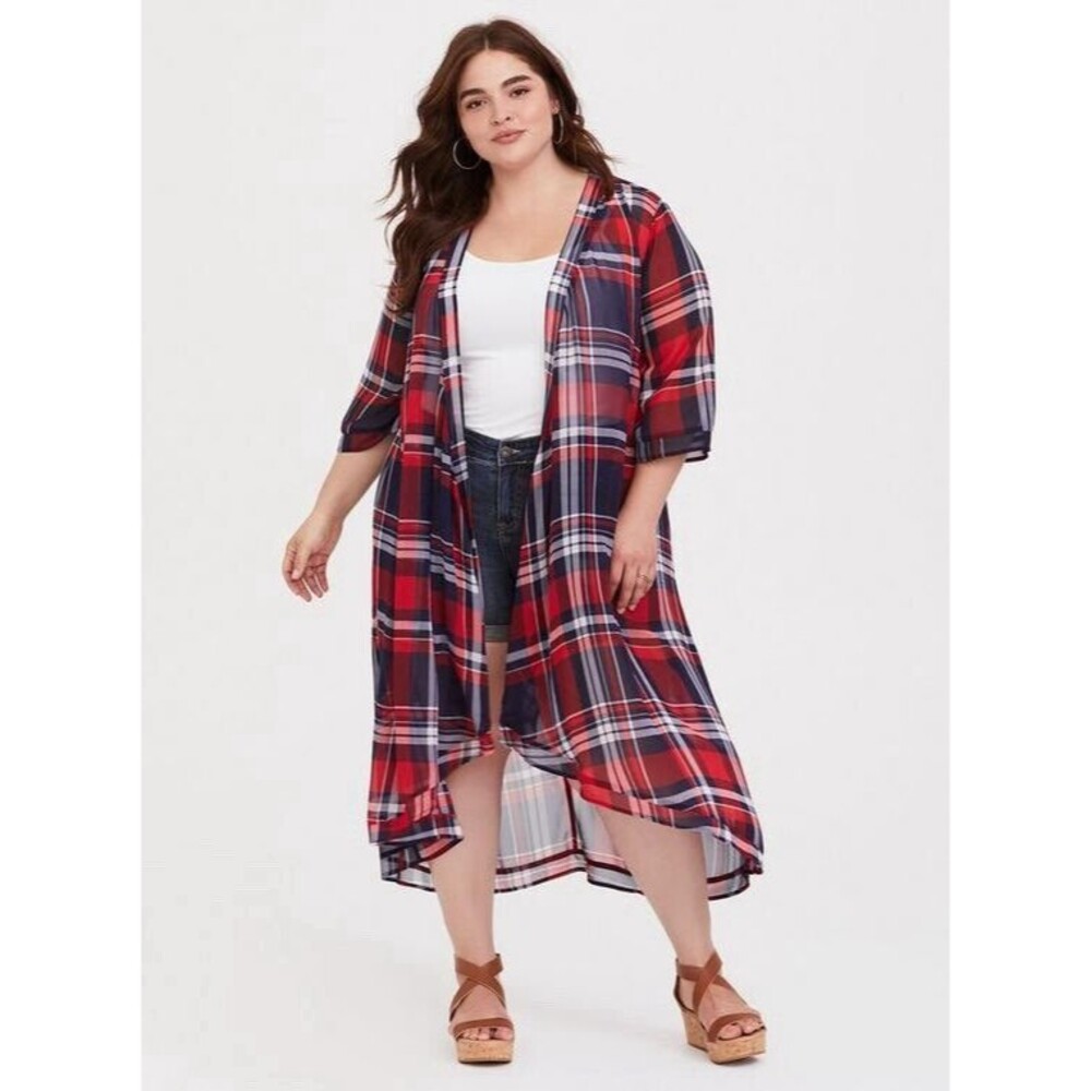 Torrid 0 Chiffon Long Cardigan Large Sheer Open Light Cover Red Blue Plaid Maxi